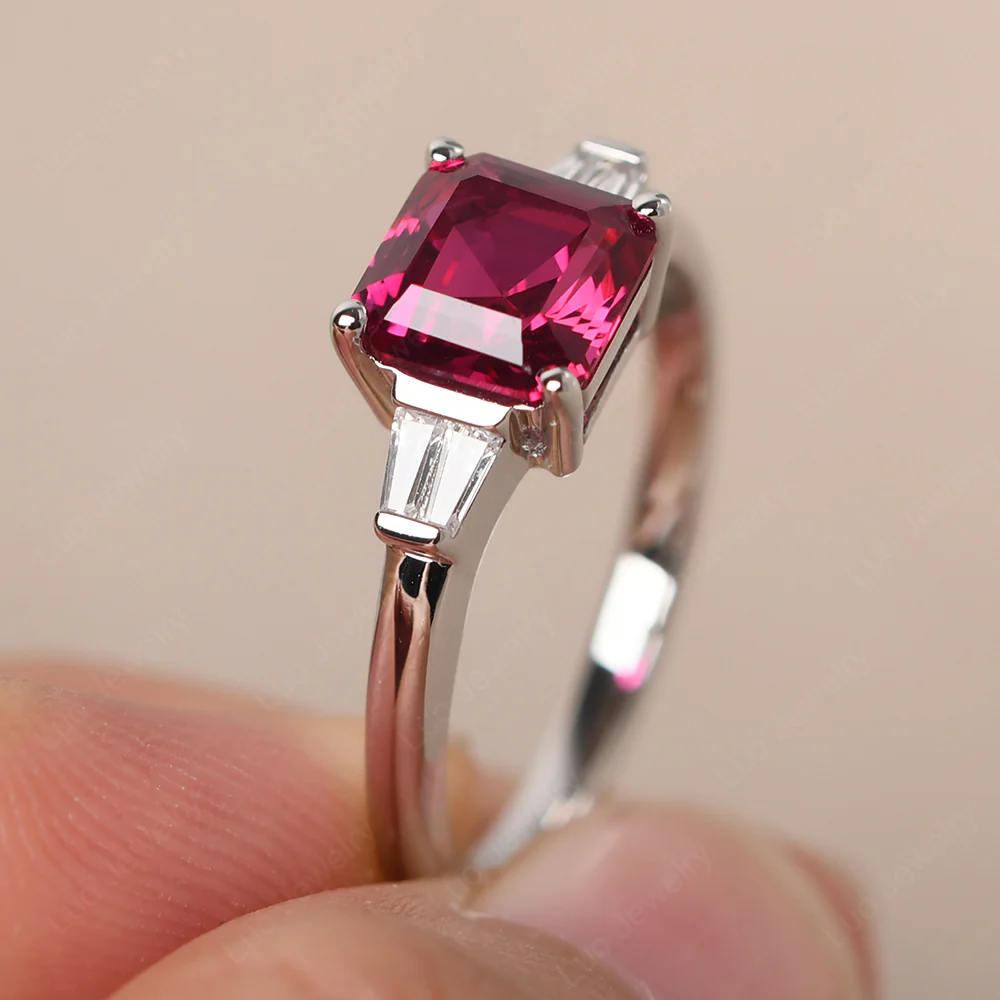 Asscher Cut Ruby Ring with Baguettes - Image 3