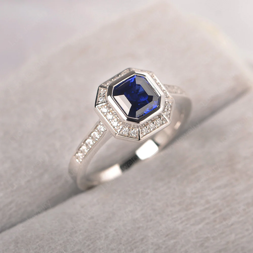 Asscher Cut Sapphire Bezel Set Halo Ring - Image 2