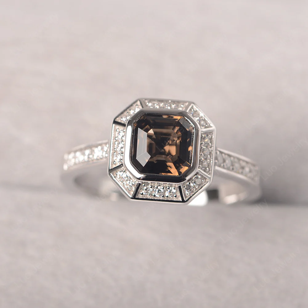 Asscher Cut Smoky Quartz Bezel Set Halo Ring