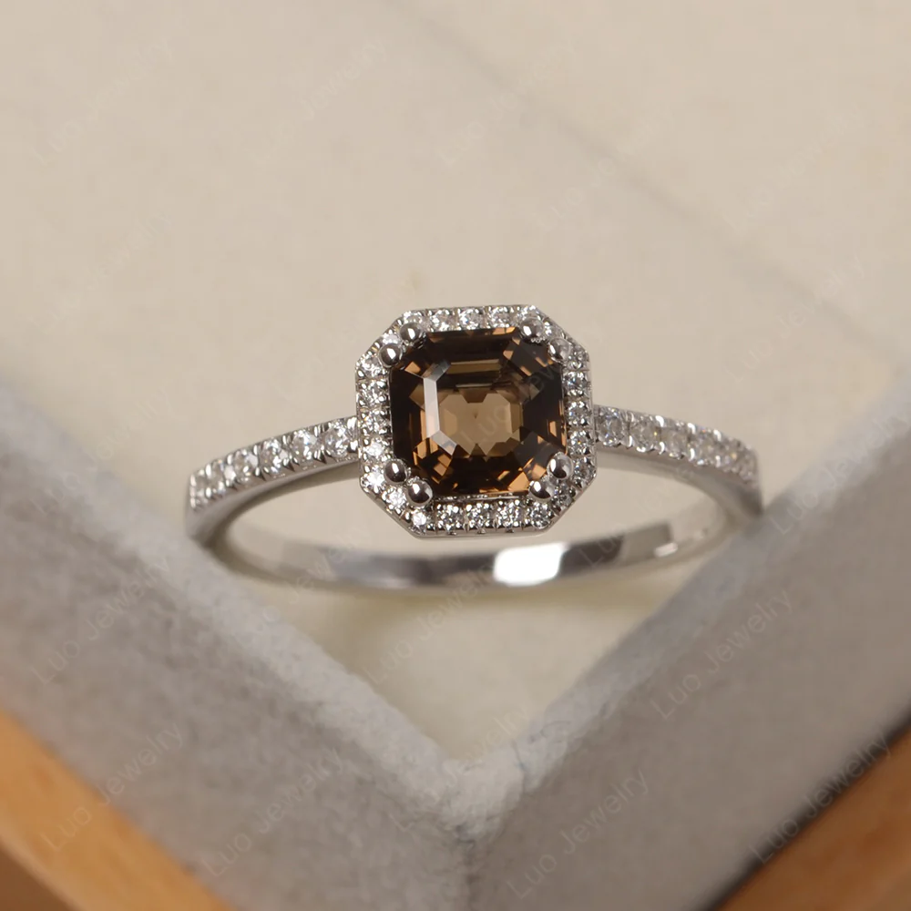 Smoky Quartz Asscher Cut Halo Engagement Ring