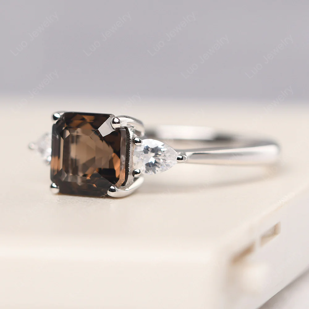 Asscher Smoky Quartz Ring with Pear Side Stone - Image 2