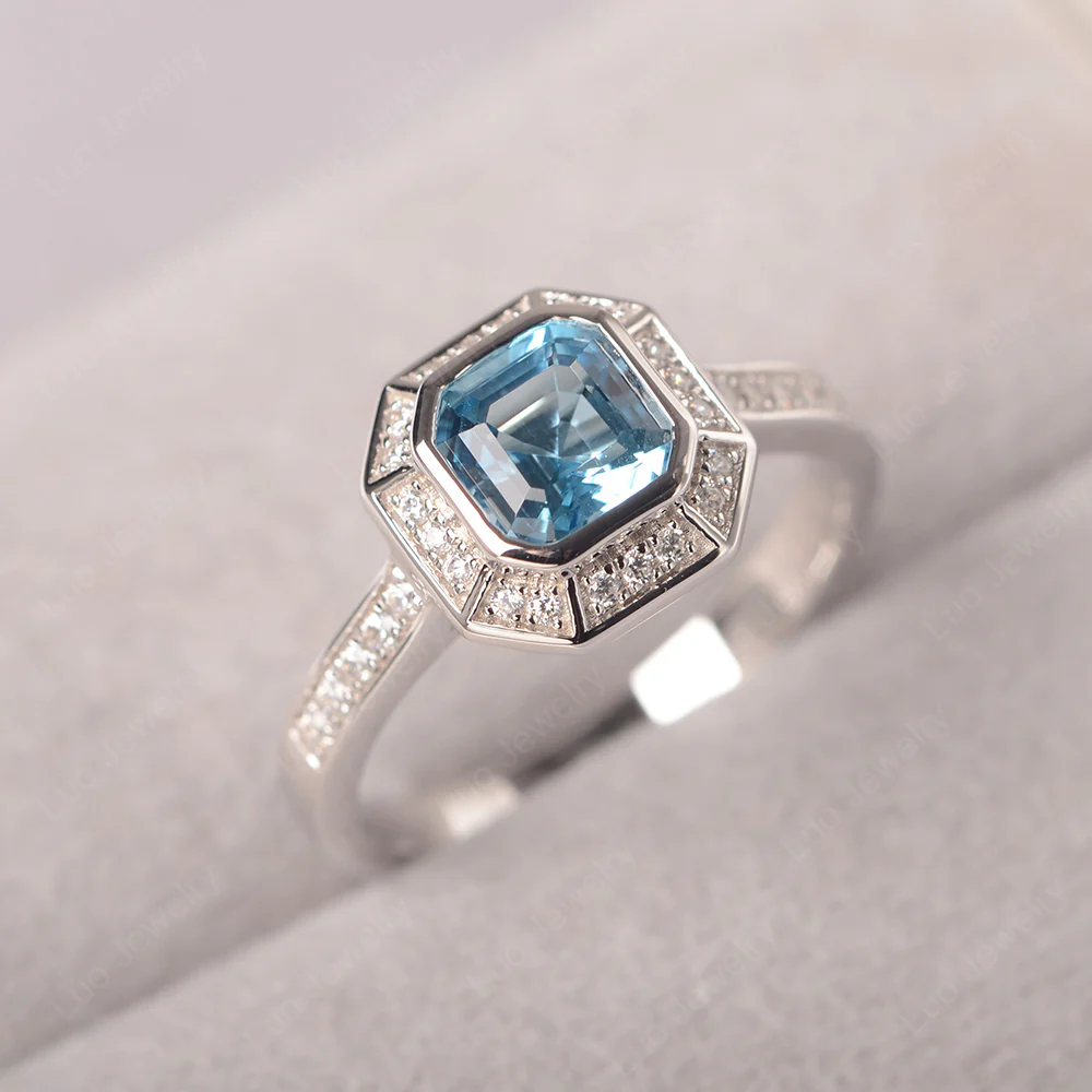 Asscher Cut Swiss Blue Topaz Bezel Set Halo Ring