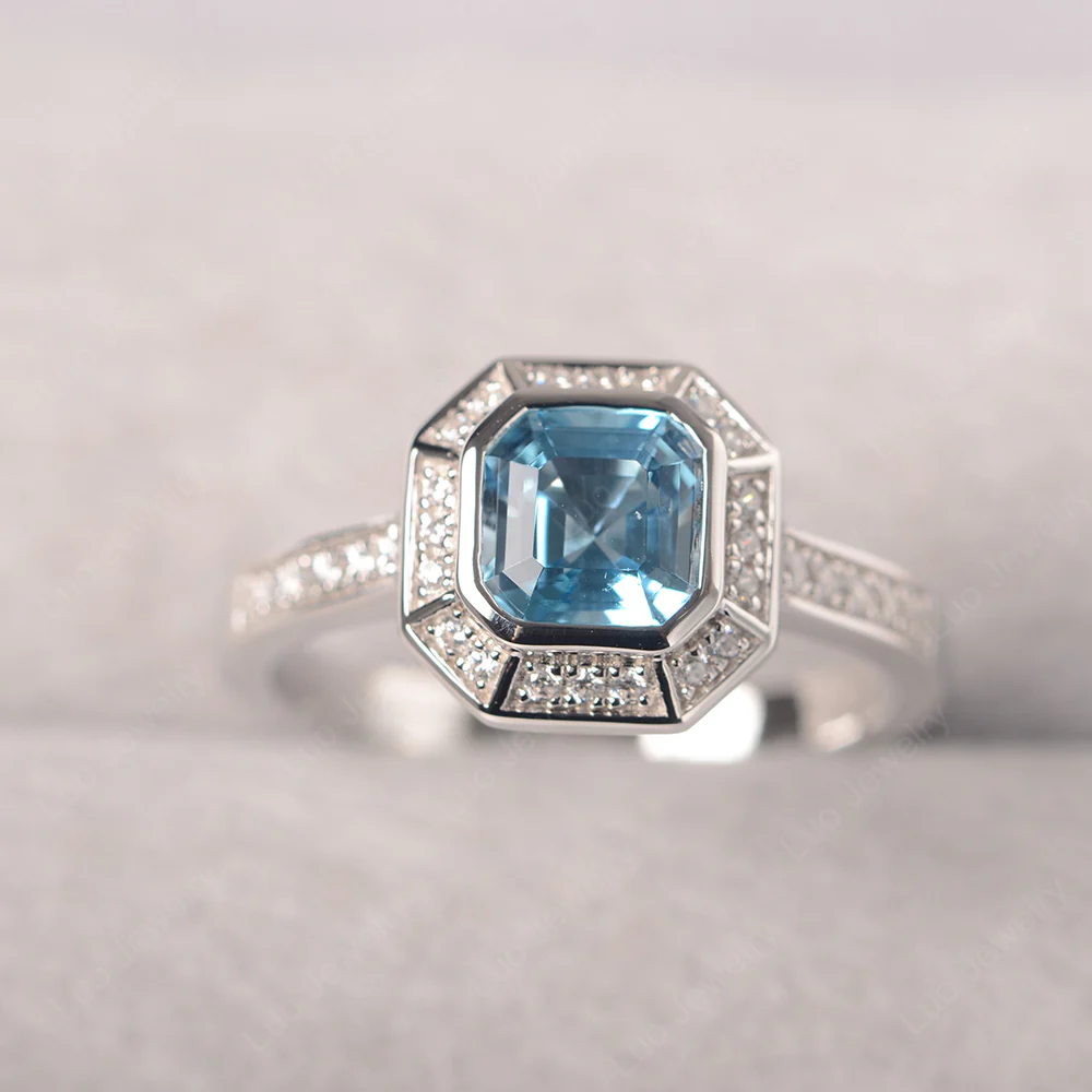 Asscher Cut Swiss Blue Topaz Bezel Set Halo Ring - Image 2