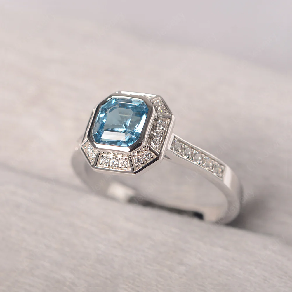 Asscher Cut Swiss Blue Topaz Bezel Set Halo Ring - Image 3