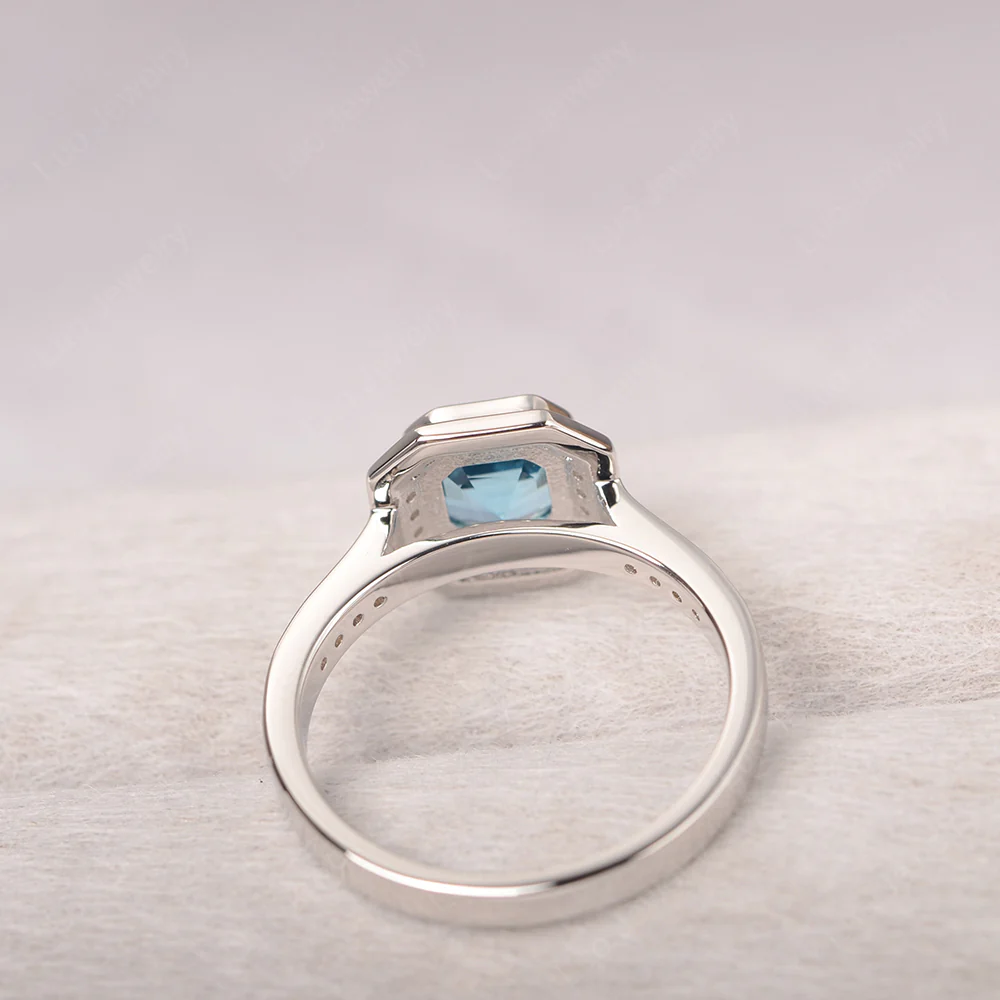 Asscher Cut Swiss Blue Topaz Bezel Set Halo Ring - Image 4