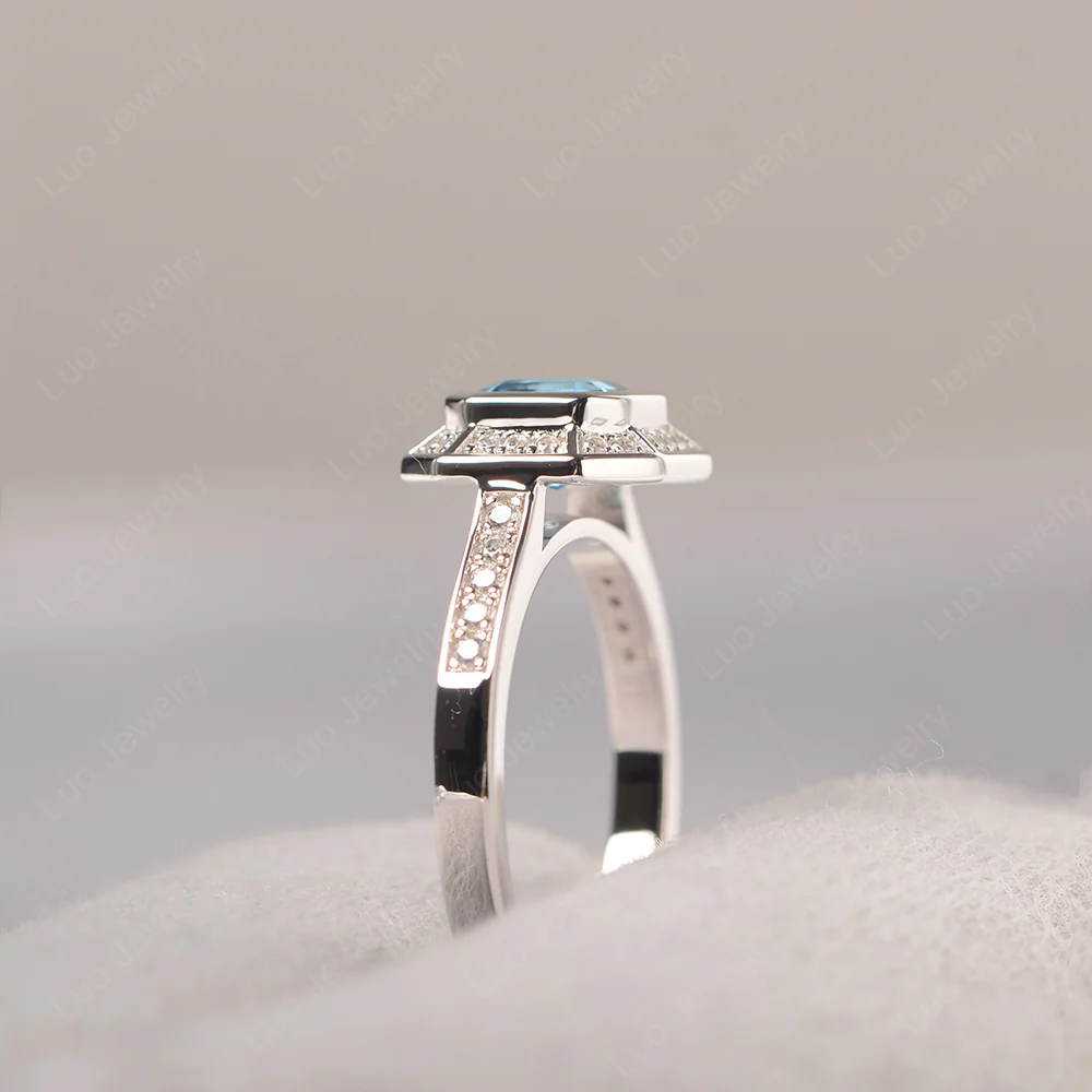 Asscher Cut Swiss Blue Topaz Bezel Set Halo Ring - Image 5