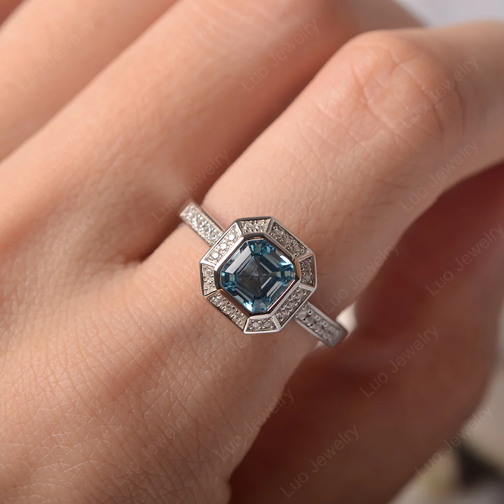 Asscher Cut Swiss Blue Topaz Bezel Set Halo Ring - Image 6