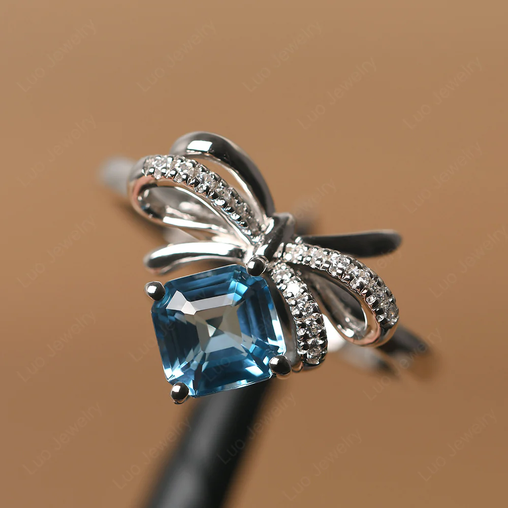 Asscher Cut Swiss Blue Topaz Bowknot Ring