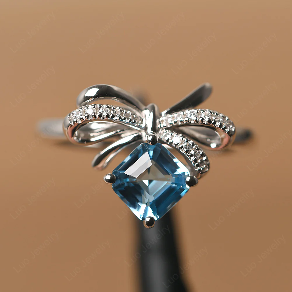 Asscher Cut Swiss Blue Topaz Bowknot Ring - Image 2