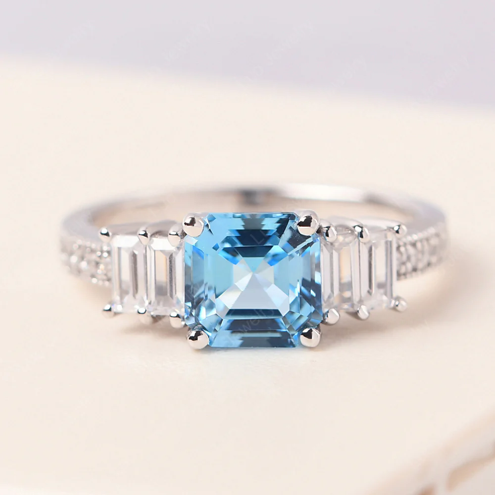 Asscher Cut Swiss Blue Topaz Ring with Baguette