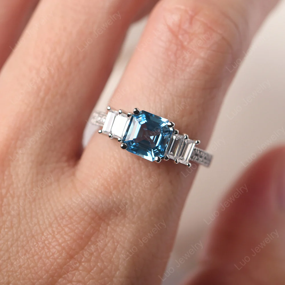 Asscher Cut Swiss Blue Topaz Ring with Baguette - Image 5