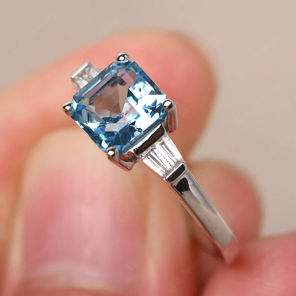 Asscher Cut Swiss Blue Topaz Ring with Baguettes - Image 2
