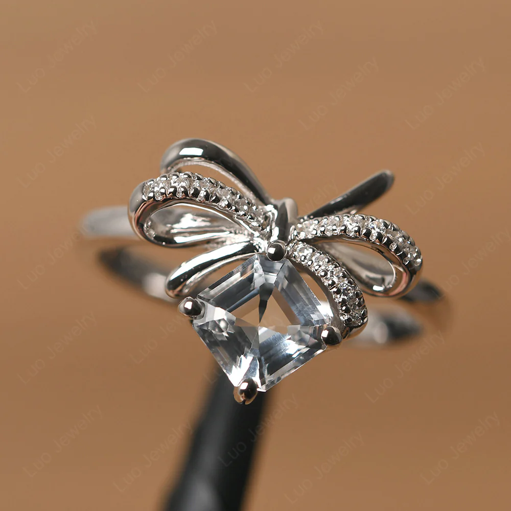 Asscher Cut White Topaz Bowknot Ring