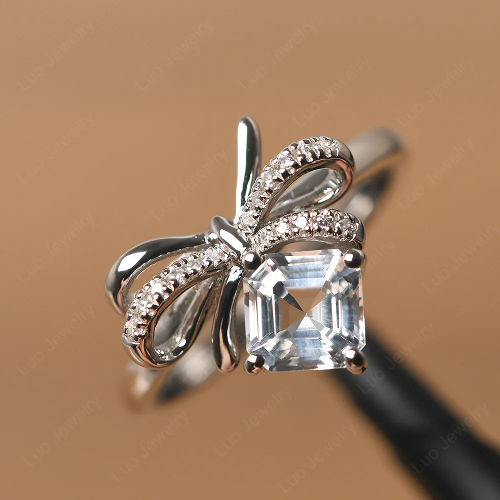 Asscher Cut White Topaz Bowknot Ring - Image 2