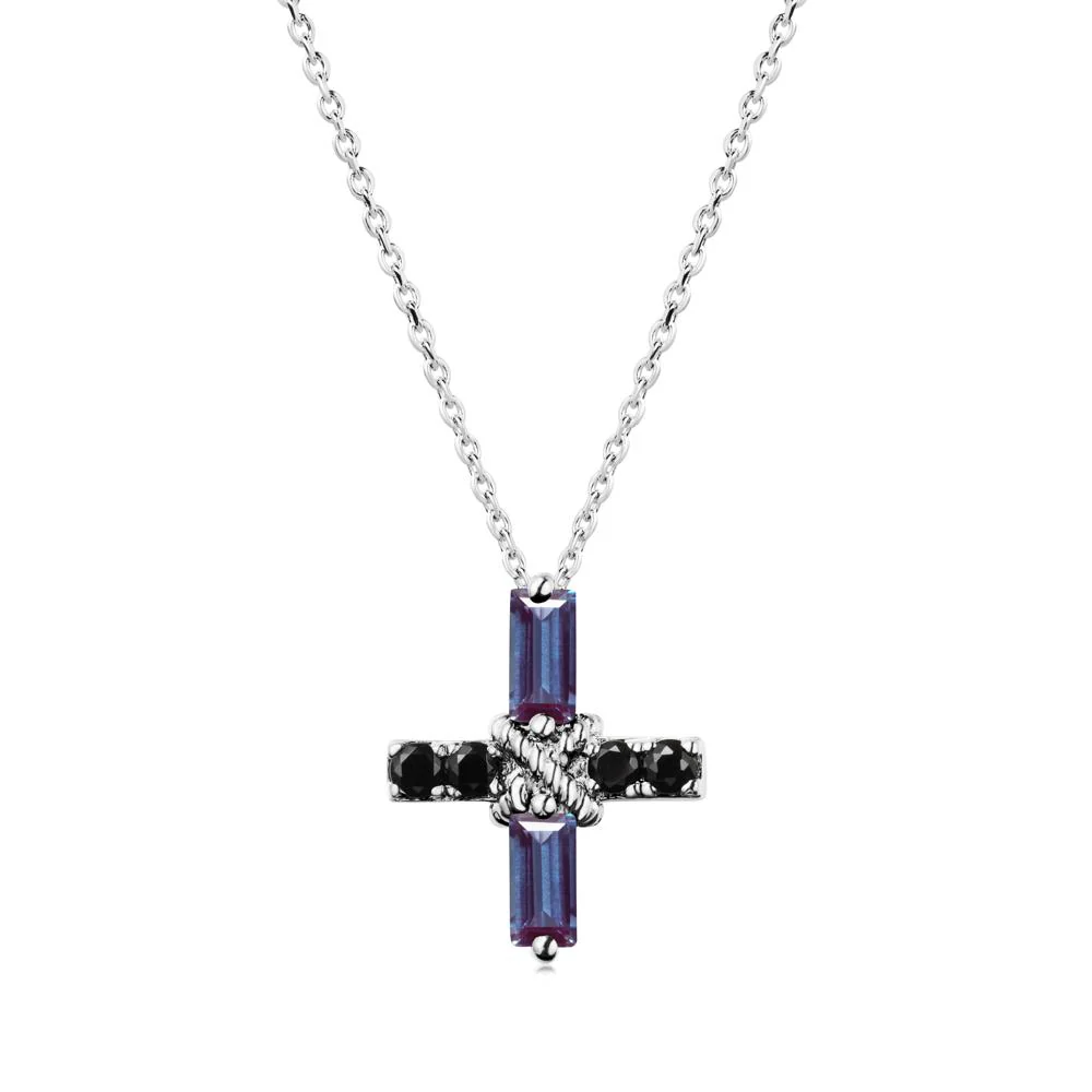 Baguette Alexandrite and Black Spinel Green Cross Necklace - Image 9