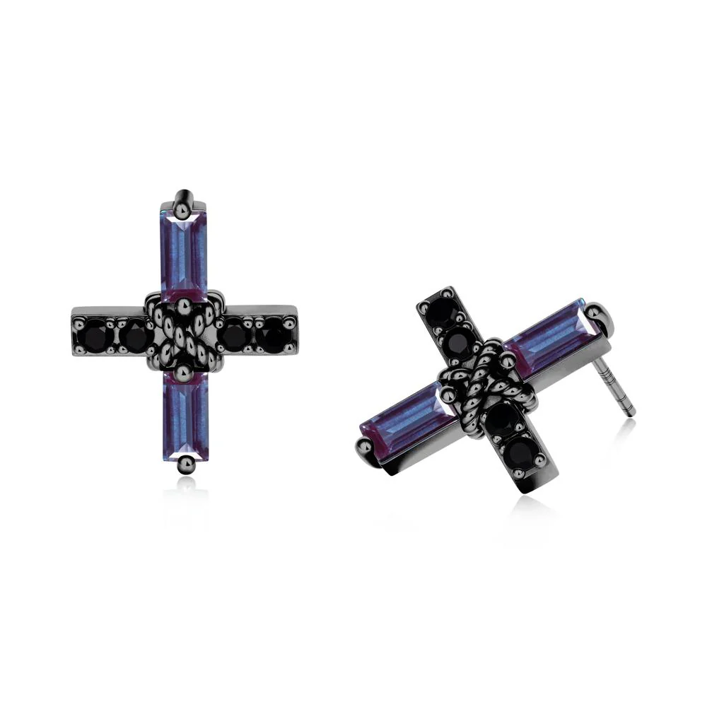 Baguette Alexandrite and Black Spinel Green Cross Stud Earrings - Image 2