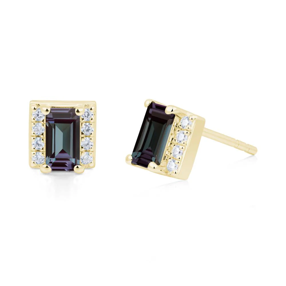 Baguette Alexandrite Stud Eaarings with Pave Side Accents - Image 2