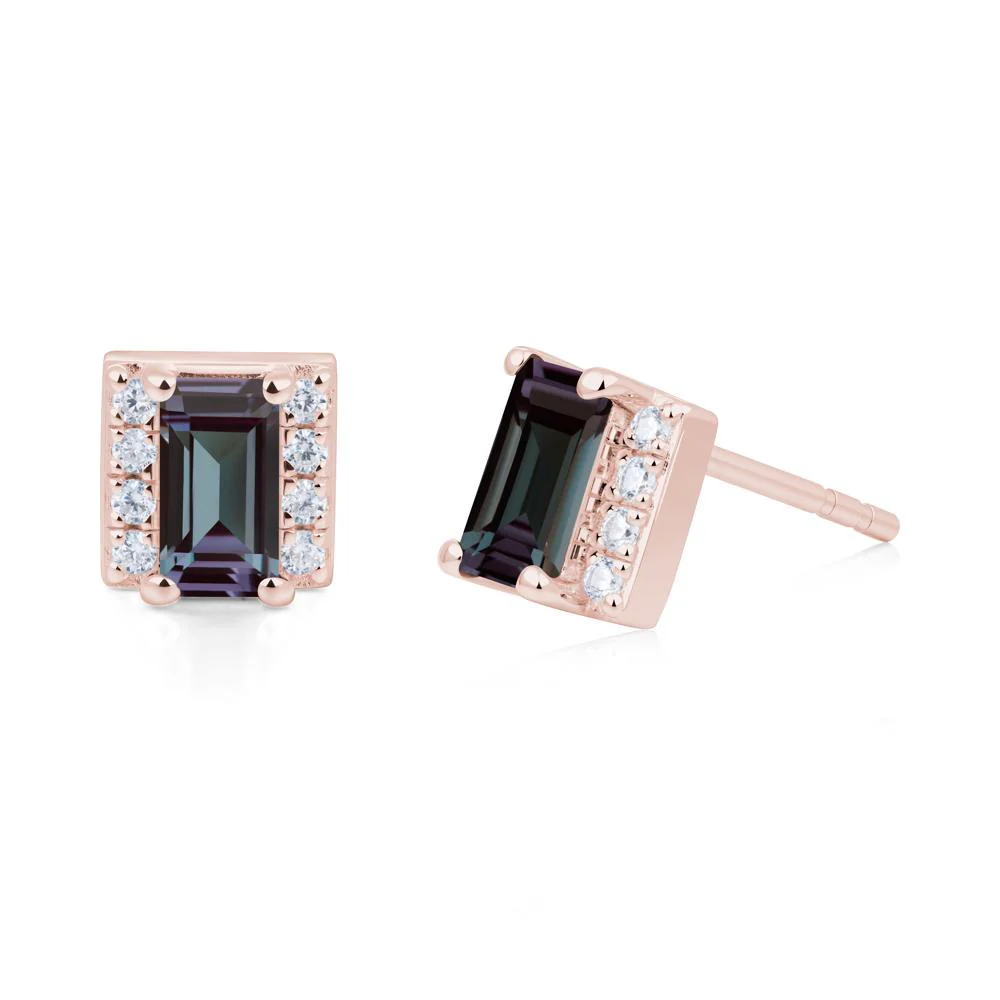 Baguette Alexandrite Stud Eaarings with Pave Side Accents - Image 3