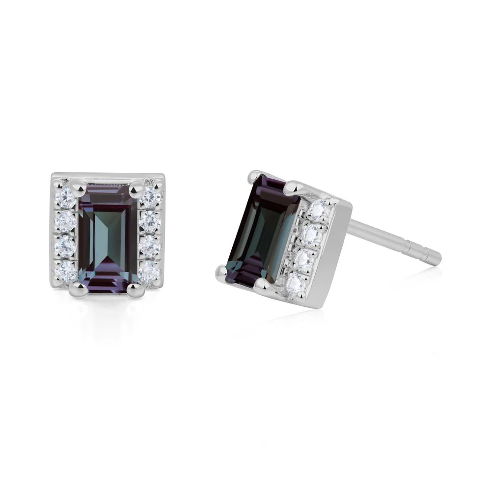 Baguette Alexandrite Stud Eaarings with Pave Side Accents - Image 4