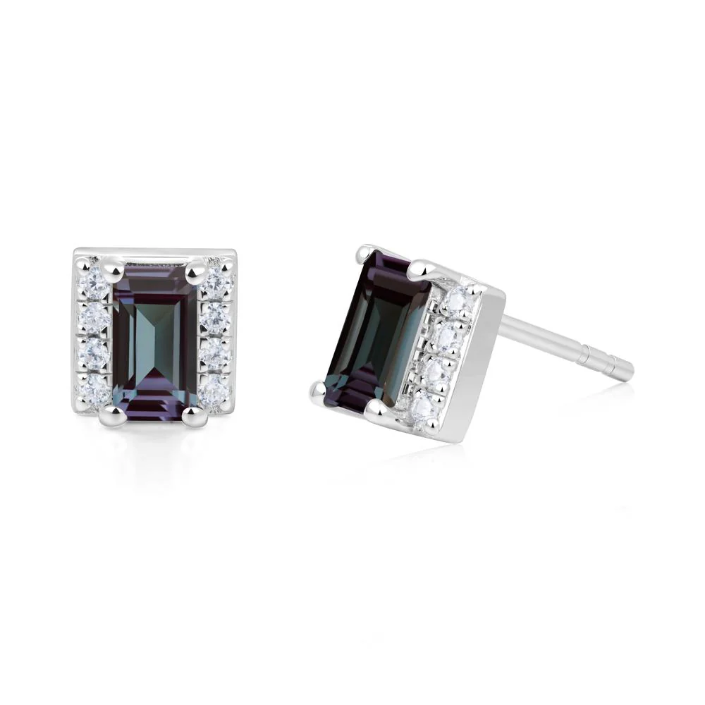 Baguette Alexandrite Stud Eaarings with Pave Side Accents - Image 7