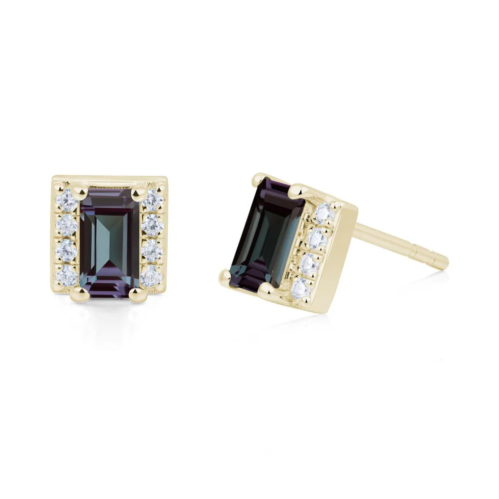Baguette Alexandrite Stud Eaarings with Pave Side Accents - Image 9