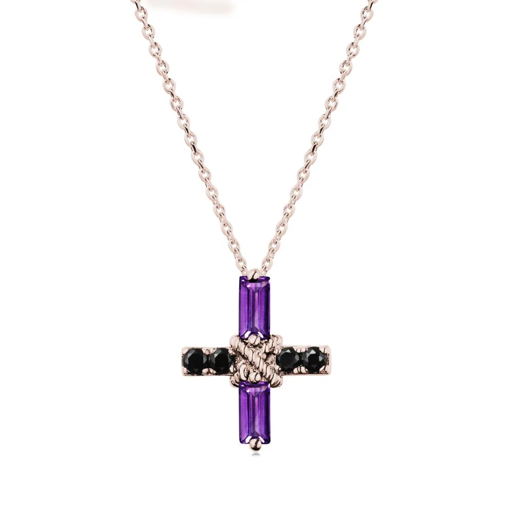 Baguette Amethyst and Black Spinel Green Cross Necklace