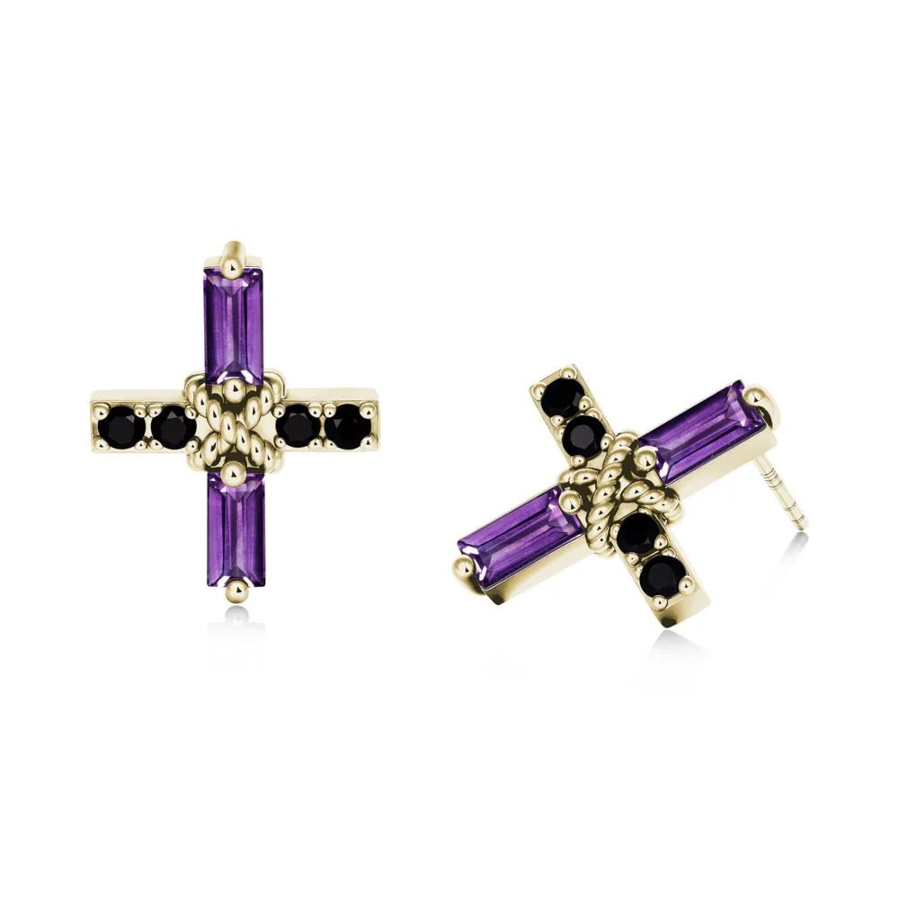 Baguette Amethyst and Black Spinel Green Cross Stud Earrings