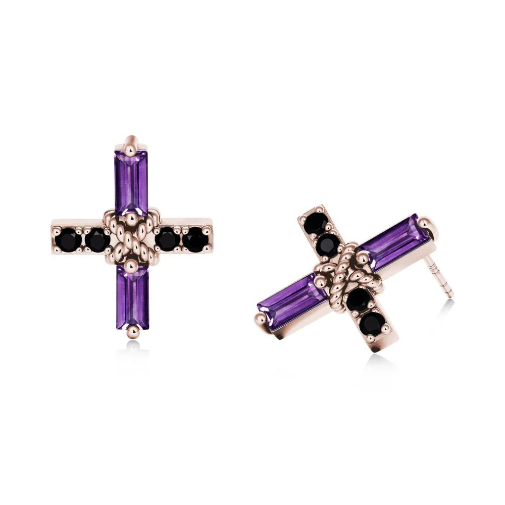 Baguette Amethyst and Black Spinel Green Cross Stud Earrings - Image 3