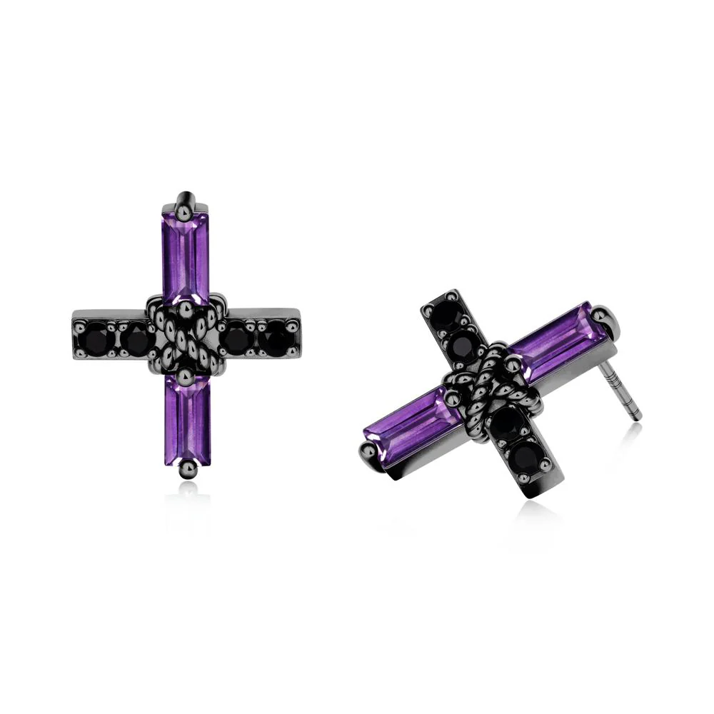 Baguette Amethyst and Black Spinel Green Cross Stud Earrings - Image 6