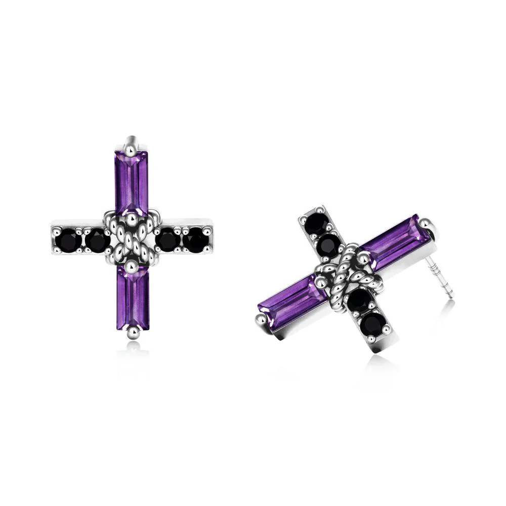Baguette Amethyst and Black Spinel Green Cross Stud Earrings - Image 9