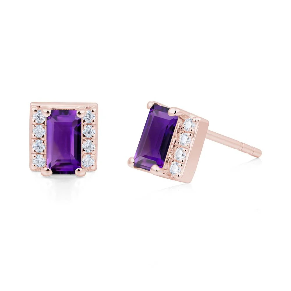 Baguette Amethyst Halo Stud Earrings - Image 4