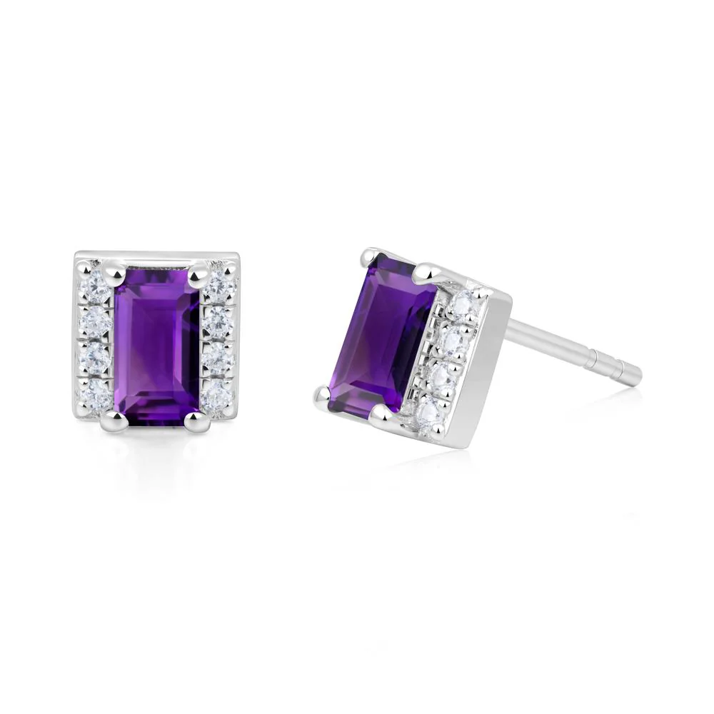 Baguette Amethyst Halo Stud Earrings - Image 7