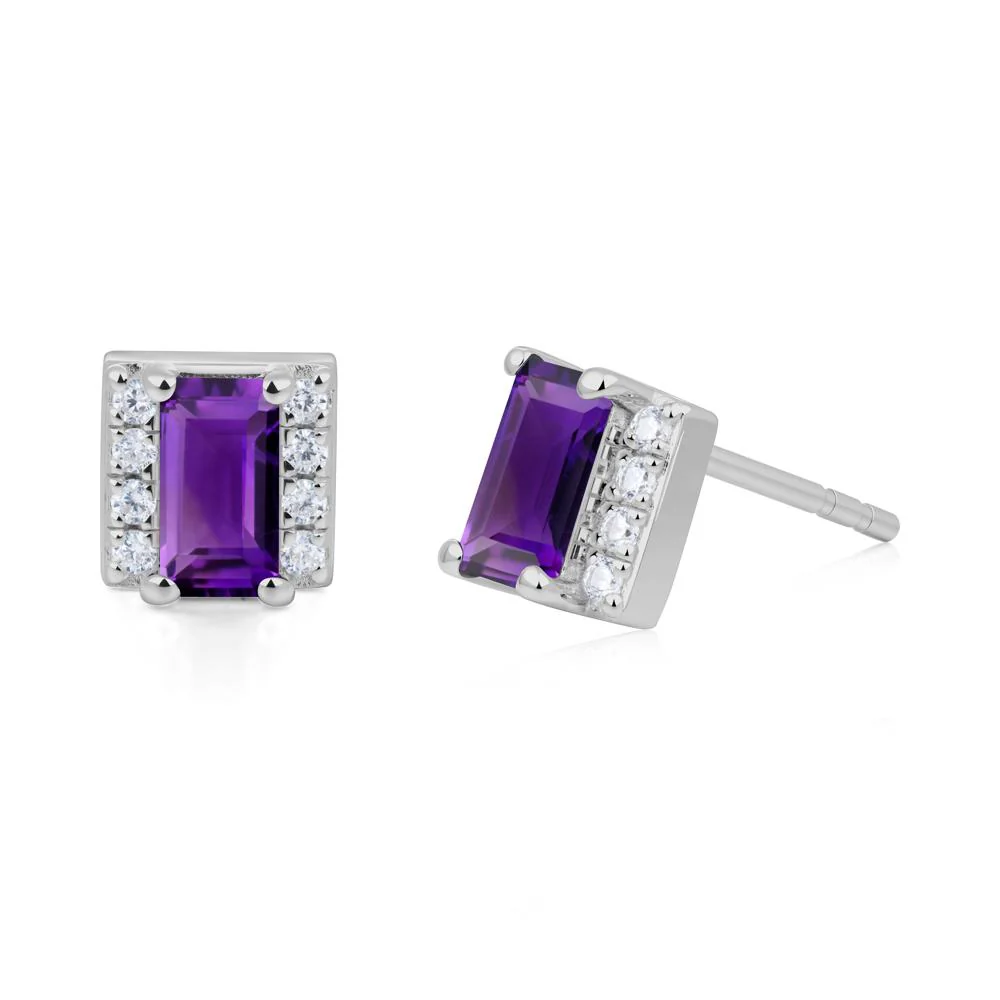Baguette Amethyst Halo Stud Earrings - Image 9