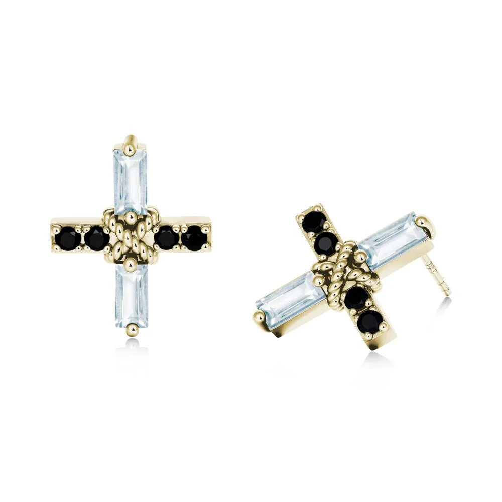Baguette Aquamarine and Black Spinel Green Cross Stud Earrings - Image 3