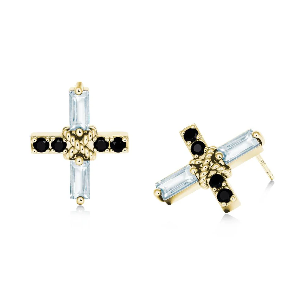 Baguette Aquamarine and Black Spinel Green Cross Stud Earrings - Image 4