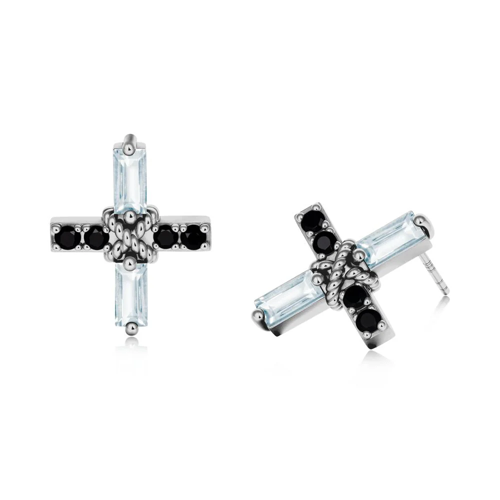 Baguette Aquamarine and Black Spinel Green Cross Stud Earrings - Image 5
