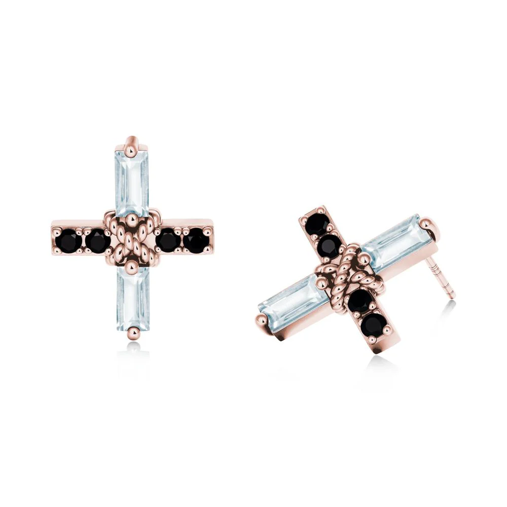Baguette Aquamarine and Black Spinel Green Cross Stud Earrings - Image 6