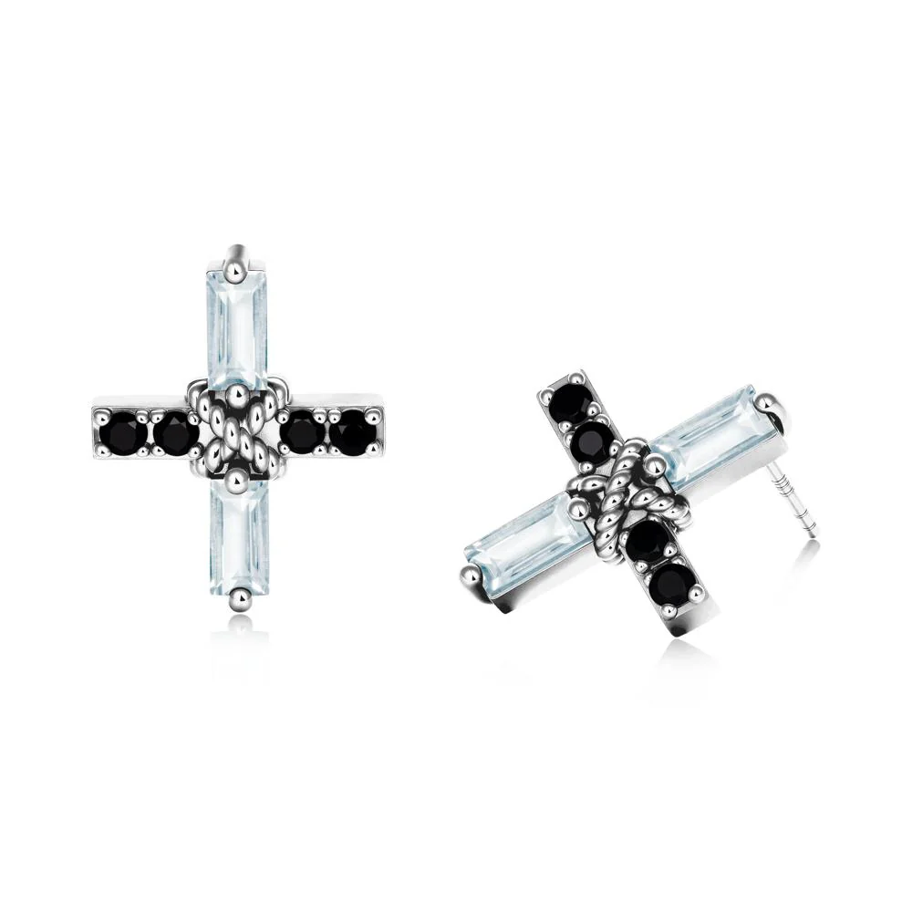 Baguette Aquamarine and Black Spinel Green Cross Stud Earrings - Image 8