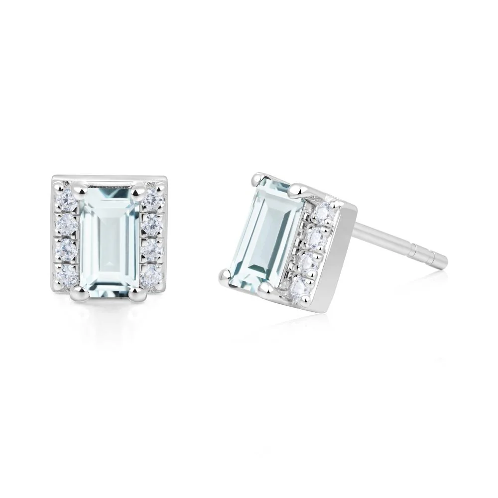 Baguette  Aquamarine Halo Stud Earrings - Image 5
