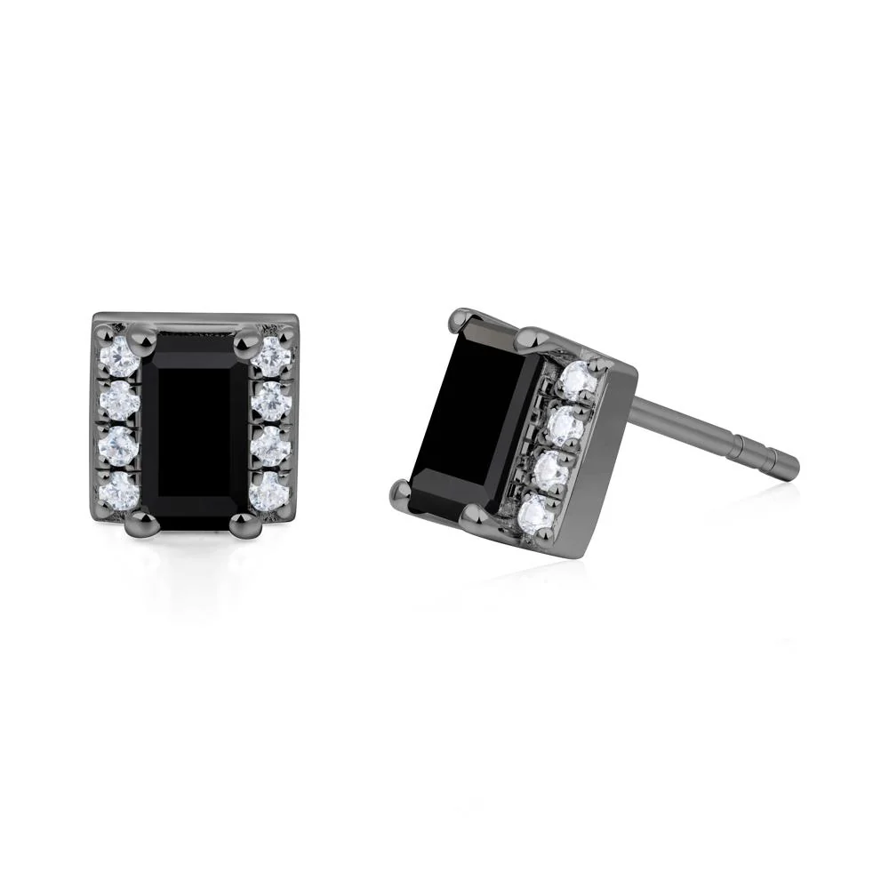 Baguette Black Spinel Stud Eaarings with Pave Side Accents - Image 2