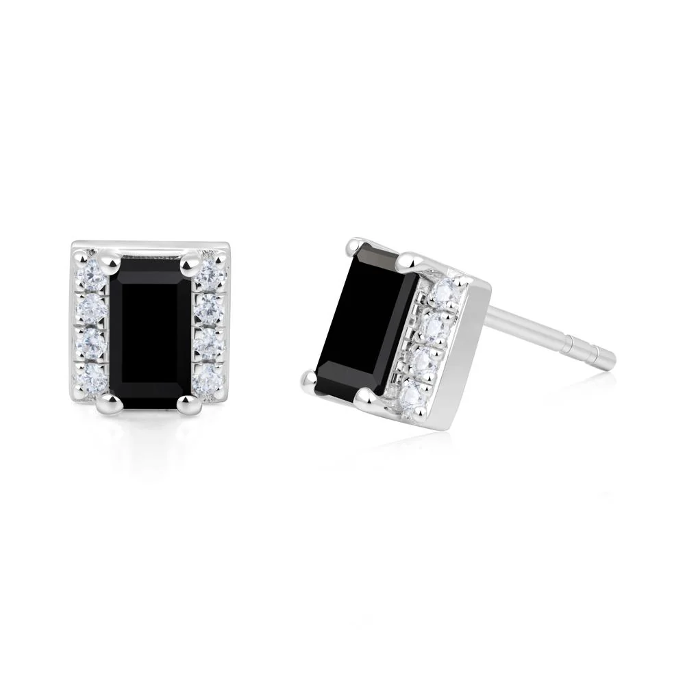 Baguette Black Spinel Stud Eaarings with Pave Side Accents - Image 9