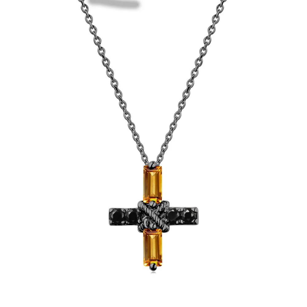 Baguette Citrine and Black Spinel Green Cross Necklace - Image 7