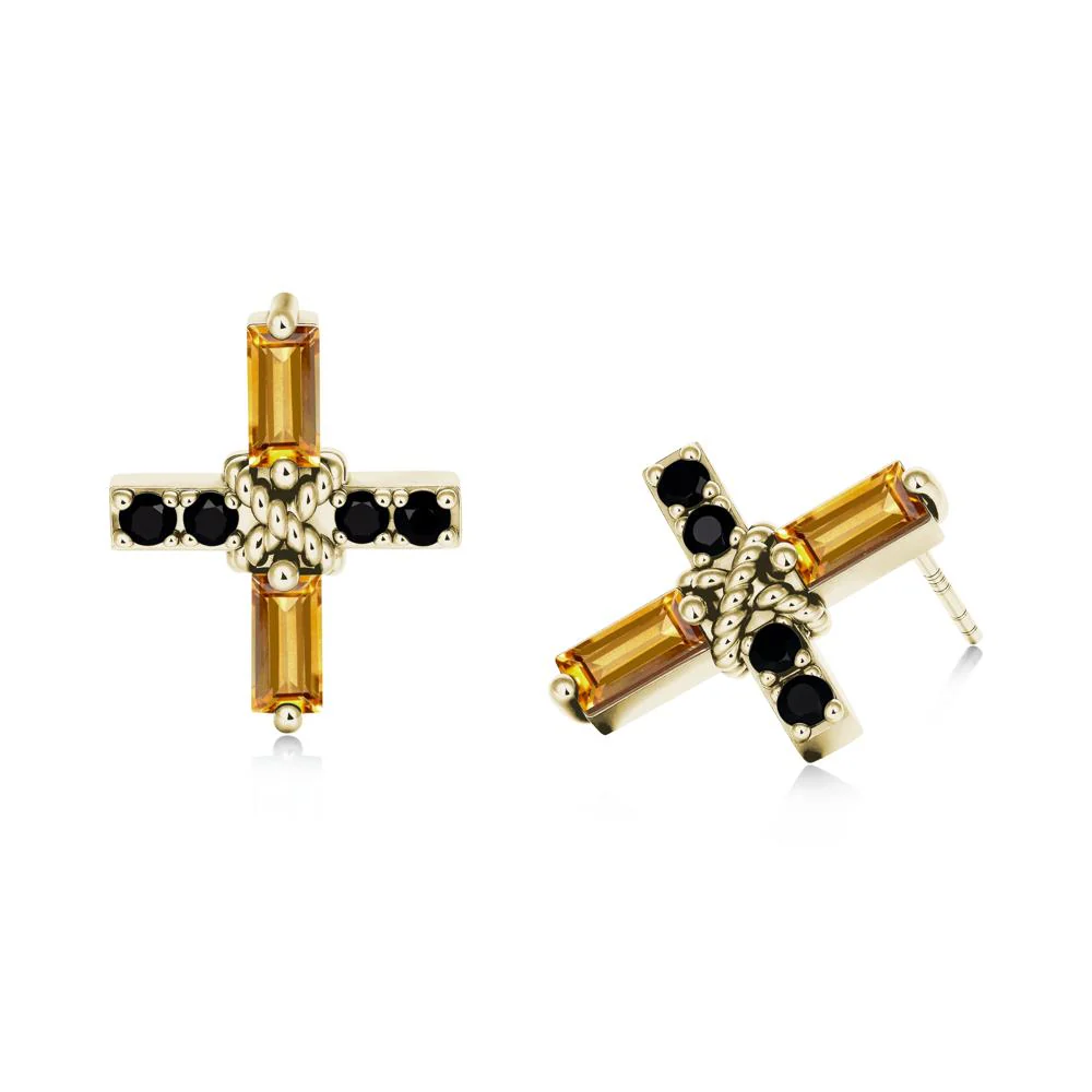 Baguette Citrine and Black Spinel Green Cross Stud Earrings