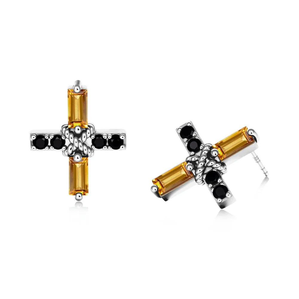 Baguette Citrine and Black Spinel Green Cross Stud Earrings - Image 3