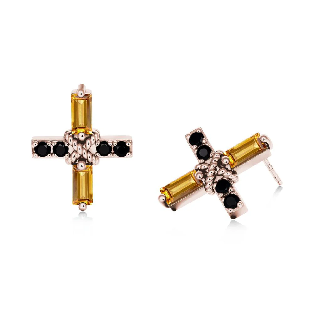 Baguette Citrine and Black Spinel Green Cross Stud Earrings - Image 4