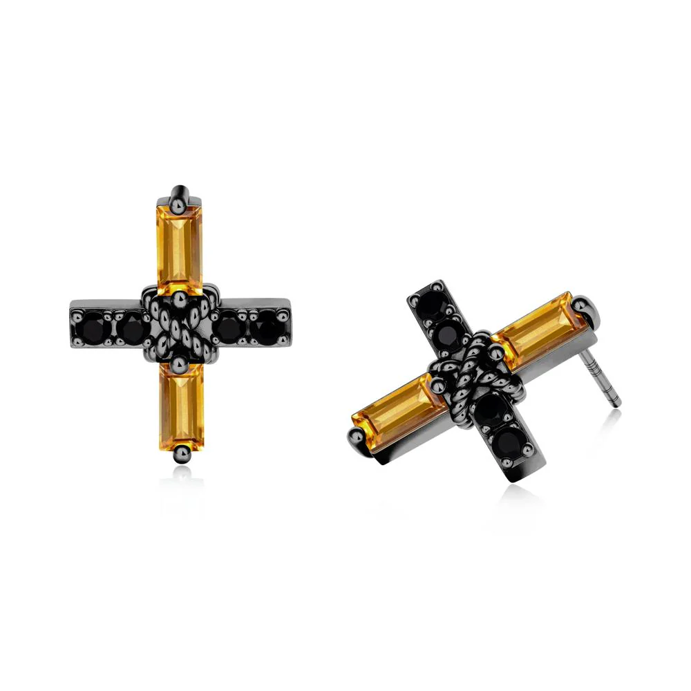 Baguette Citrine and Black Spinel Green Cross Stud Earrings - Image 6