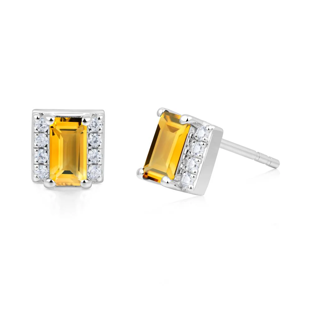 Baguette  Citrine Halo Stud Earrings