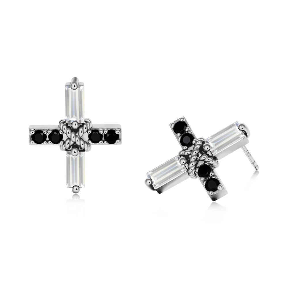 Baguette Cubic Zirconia and Black Spinel Green Cross Stud Earrings - Image 3