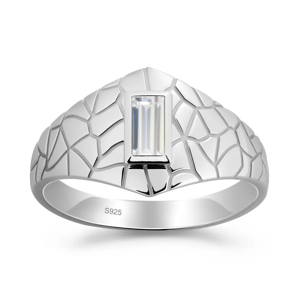 Baguette Cubic Zirconia Ring with Cracked Texture - Image 2