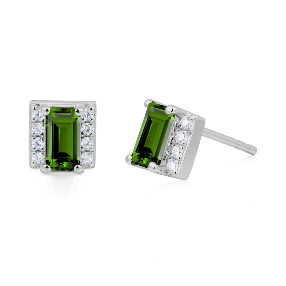 Baguette Diopside Halo Stud Earrings